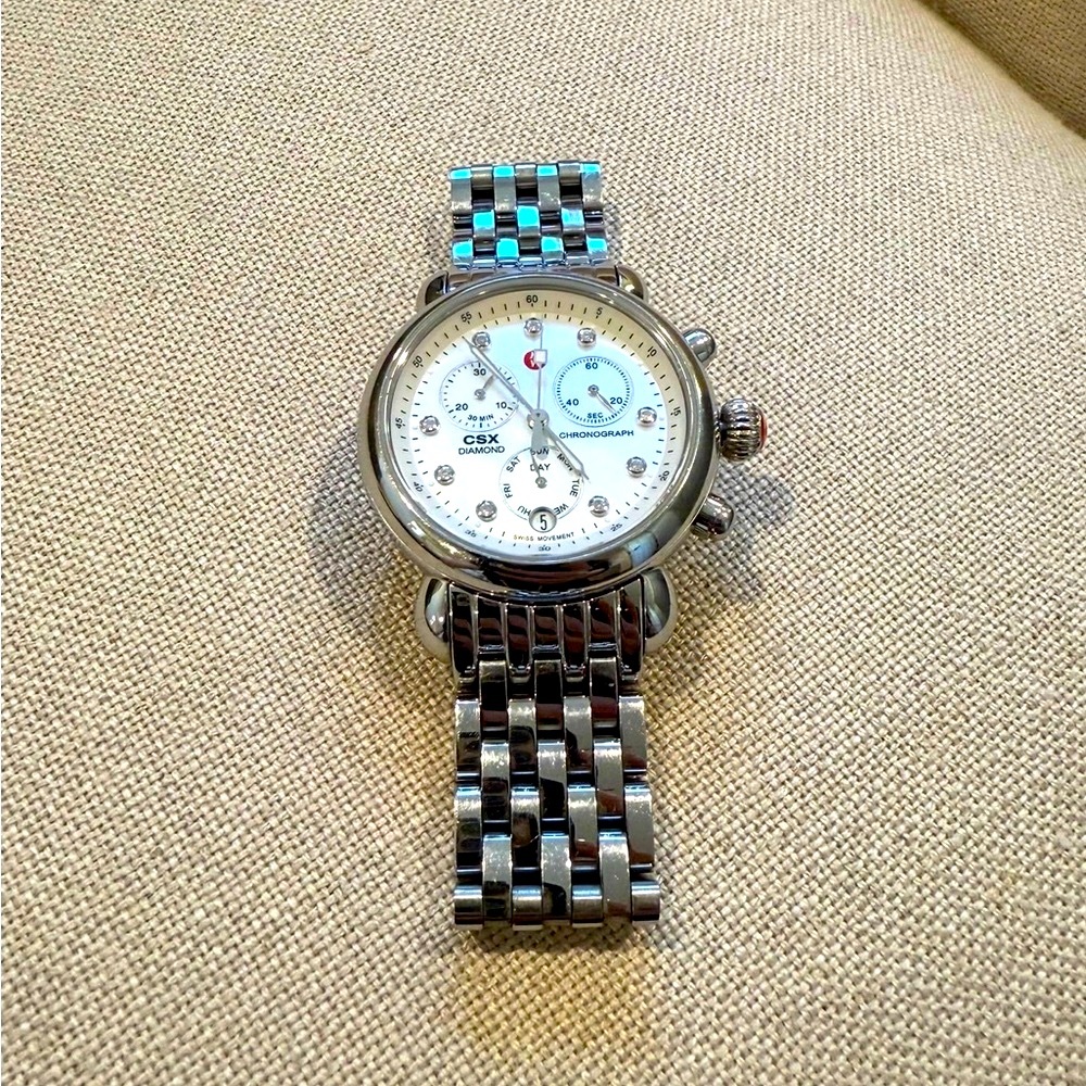 Michele CSX Silver Watch with Diamond and Mother of Pearl Detail
